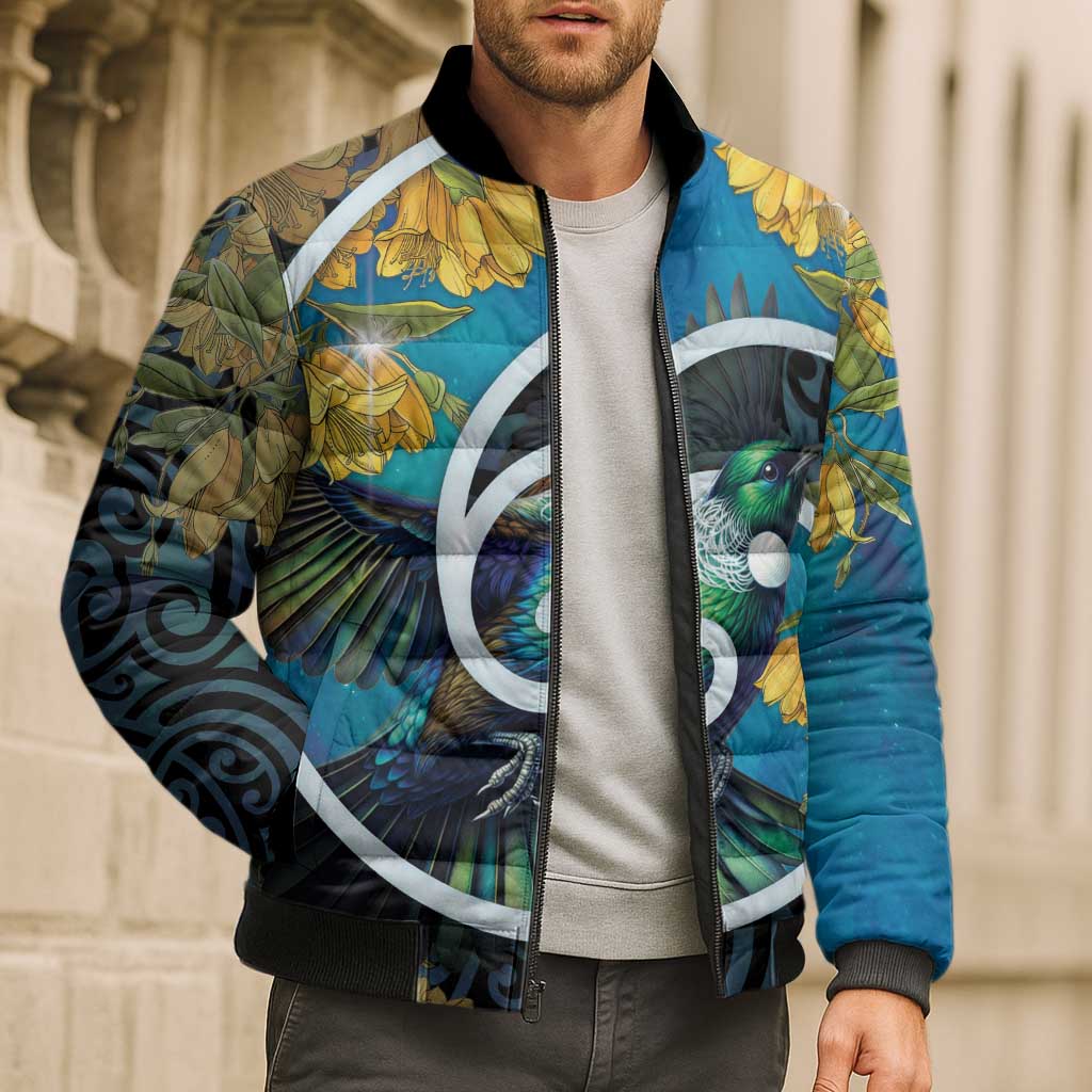 New Zealand Tui Bird Bomber Puffer Jacket Maori Koru With Kowhai Flowers LT05 - Polynesian Pride