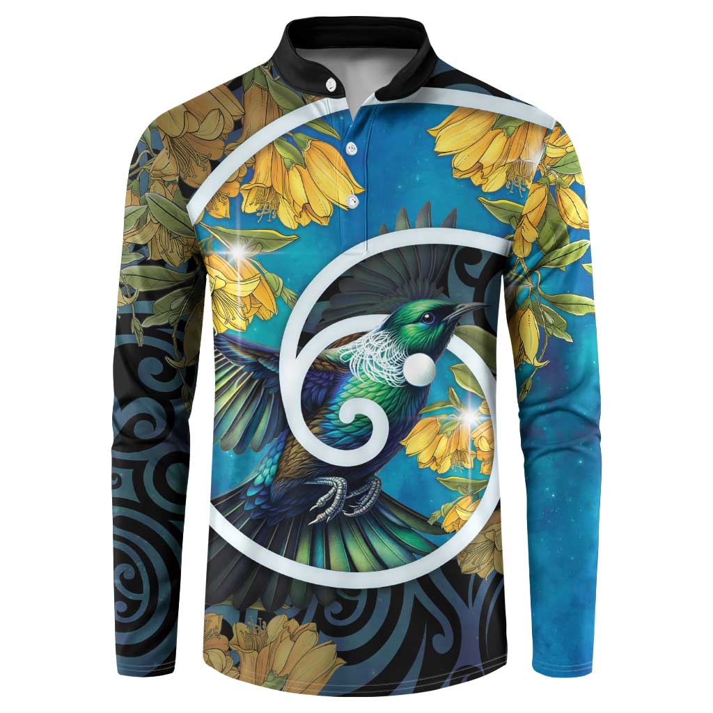New Zealand Tui Bird Button Sweatshirt Maori Koru With Kowhai Flowers LT05 Black - Polynesian Pride