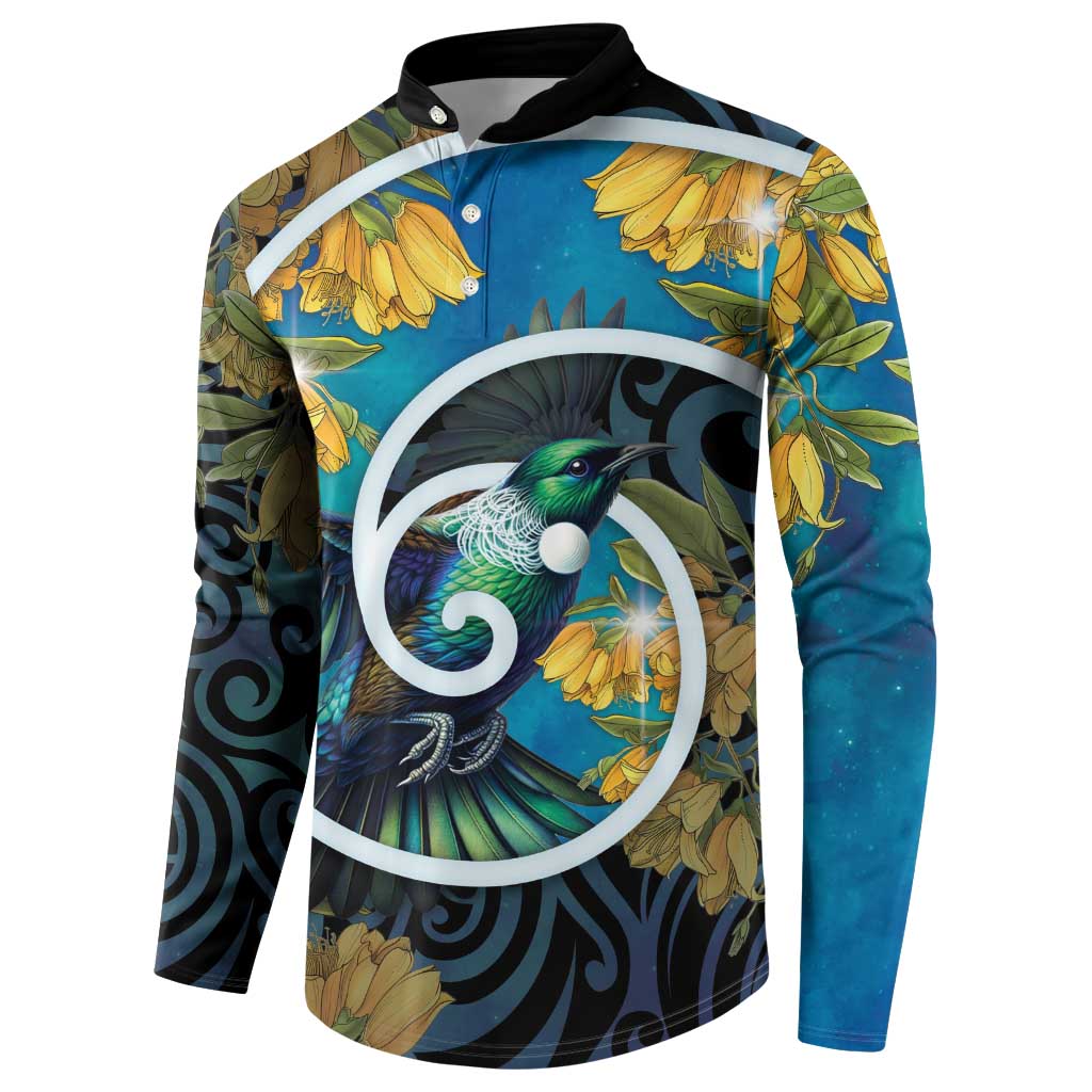 New Zealand Tui Bird Button Sweatshirt Maori Koru With Kowhai Flowers LT05 - Polynesian Pride