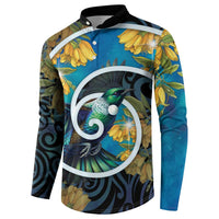 New Zealand Tui Bird Button Sweatshirt Maori Koru With Kowhai Flowers LT05 - Polynesian Pride