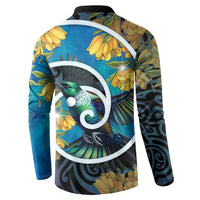 New Zealand Tui Bird Button Sweatshirt Maori Koru With Kowhai Flowers LT05 - Polynesian Pride