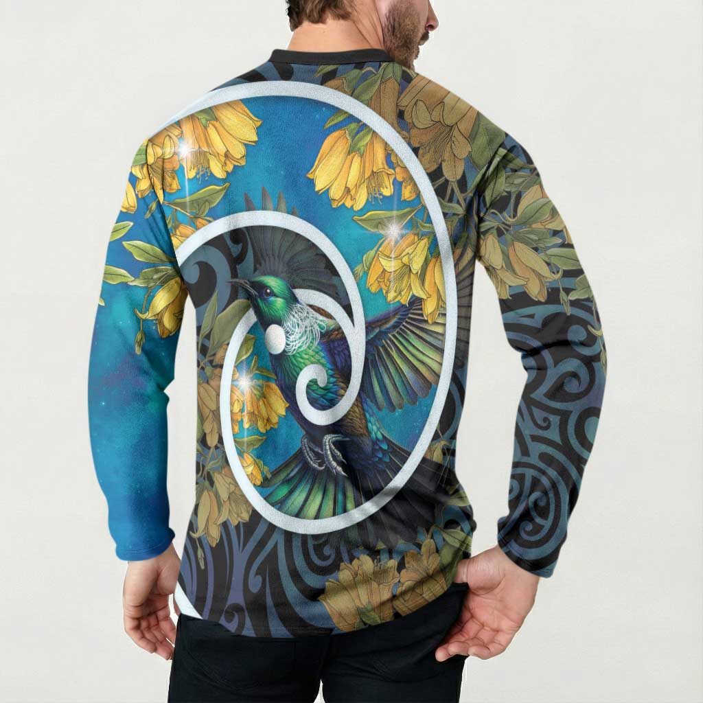 New Zealand Tui Bird Button Sweatshirt Maori Koru With Kowhai Flowers LT05 - Polynesian Pride