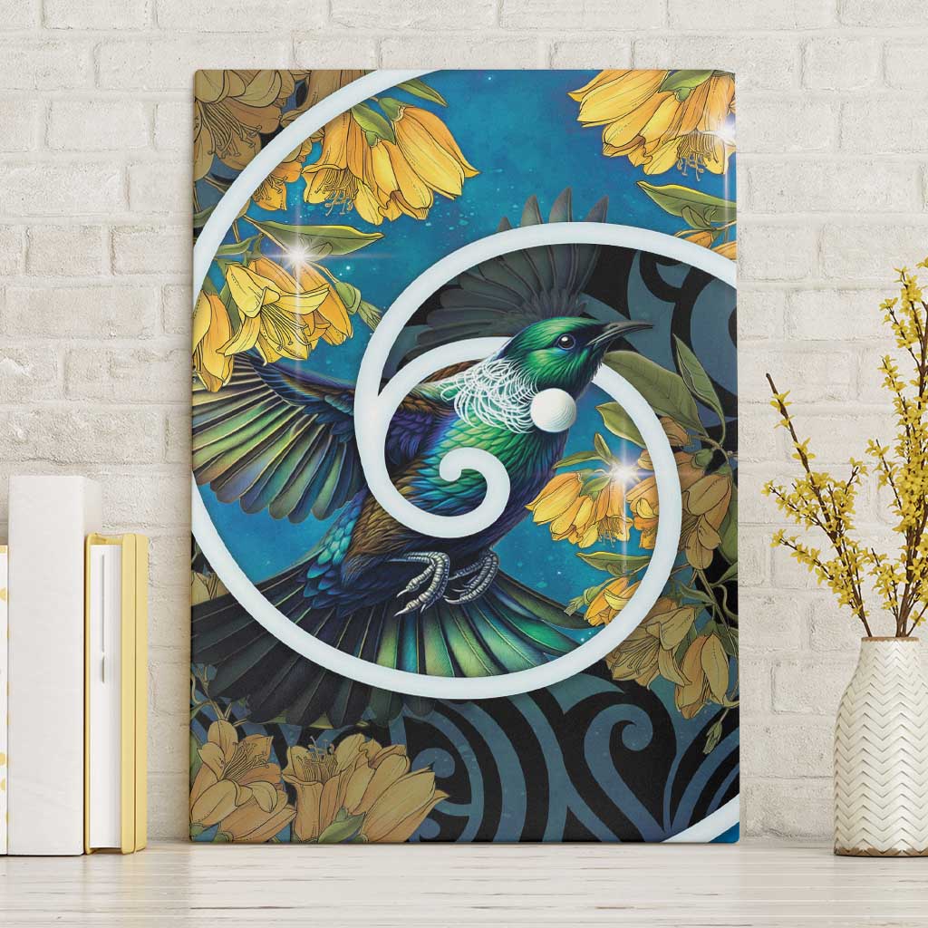 New Zealand Tui Bird Canvas Wall Art Maori Koru With Kowhai Flowers LT05 Without Frame Black - Polynesian Pride