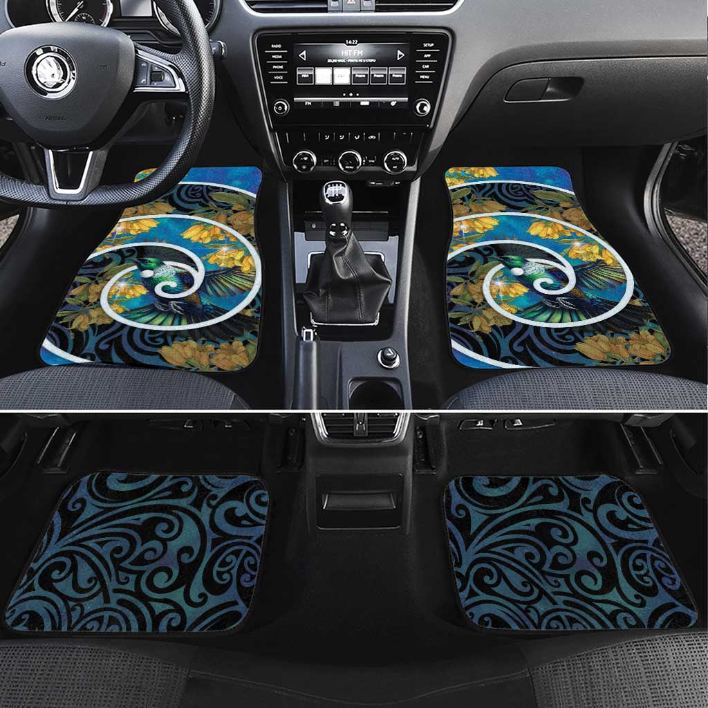 New Zealand Tui Bird Car Mats Maori Koru With Kowhai Flowers