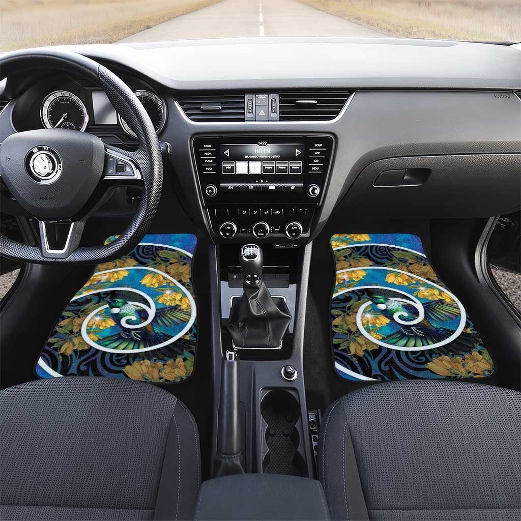 New Zealand Tui Bird Car Mats Maori Koru With Kowhai Flowers