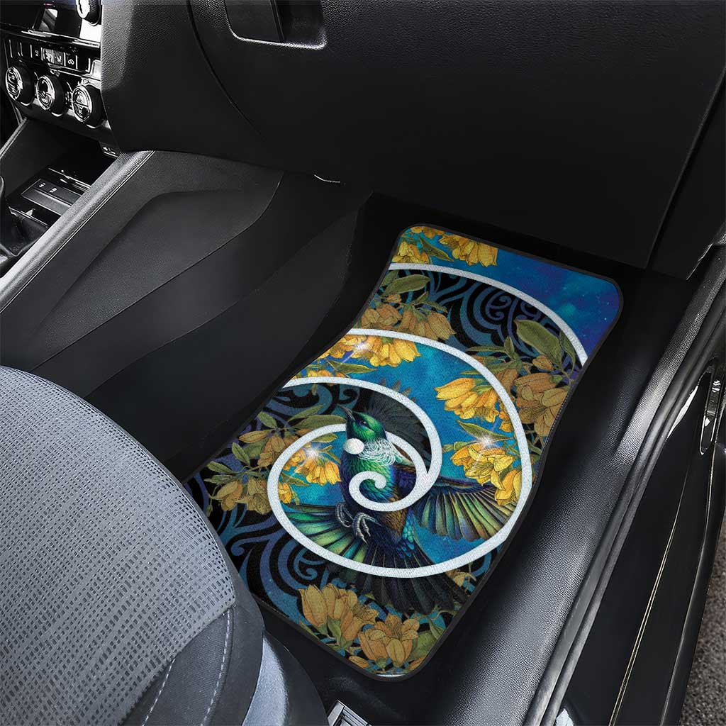 New Zealand Tui Bird Car Mats Maori Koru With Kowhai Flowers