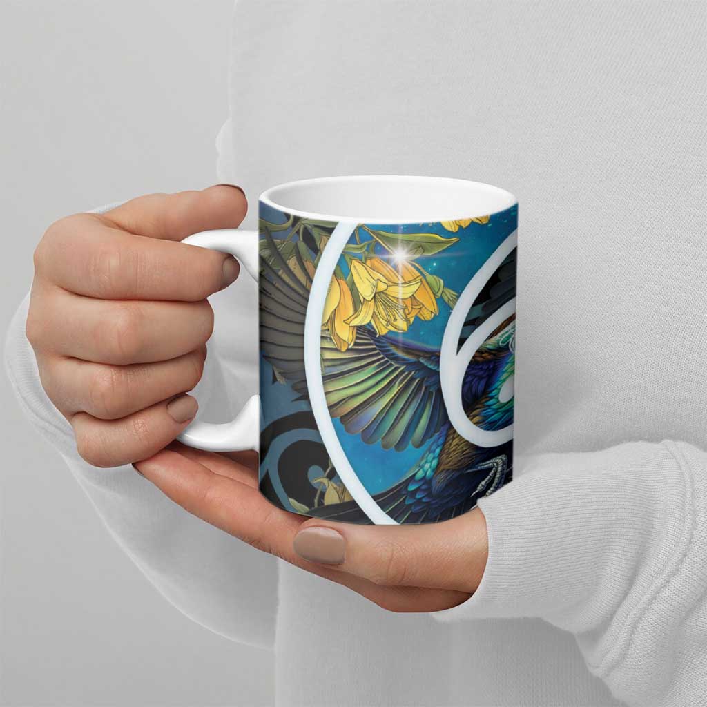 New Zealand Tui Bird Ceramic Mug Maori Koru With Kowhai Flowers LT05 - Polynesian Pride