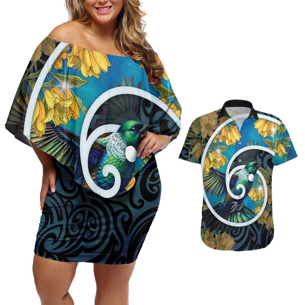 New Zealand Tui Bird Couples Matching Off Shoulder Short Dress and Hawaiian Shirt Maori Koru With Kowhai Flowers