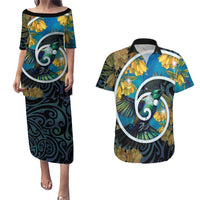 New Zealand Tui Bird Couples Matching Puletasi and Hawaiian Shirt Maori Koru With Kowhai Flowers