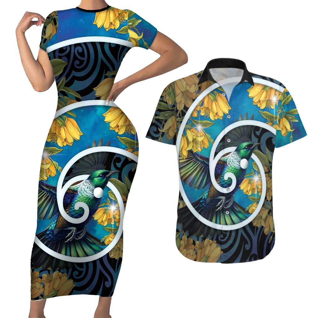 New Zealand Tui Bird Couples Matching Short Sleeve Bodycon Dress and Hawaiian Shirt Maori Koru With Kowhai Flowers LT05 Black - Polynesian Pride