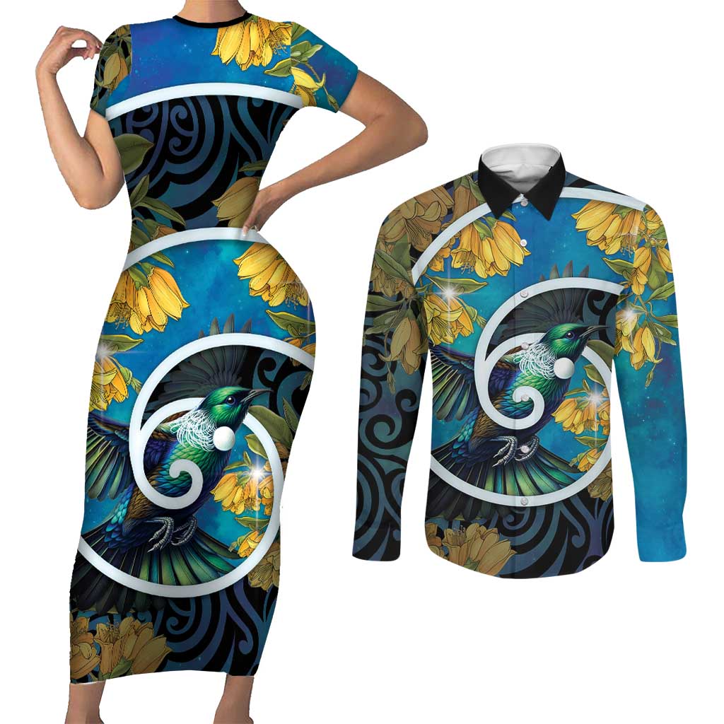 New Zealand Tui Bird Couples Matching Short Sleeve Bodycon Dress and Long Sleeve Button Shirt Maori Koru With Kowhai Flowers LT05 Black - Polynesian Pride