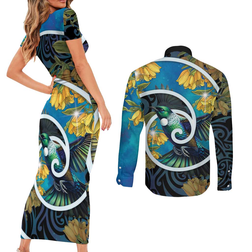 New Zealand Tui Bird Couples Matching Short Sleeve Bodycon Dress and Long Sleeve Button Shirt Maori Koru With Kowhai Flowers