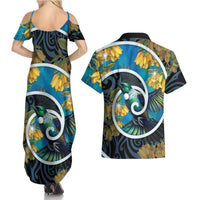 New Zealand Tui Bird Couples Matching Summer Maxi Dress and Hawaiian Shirt Maori Koru With Kowhai Flowers