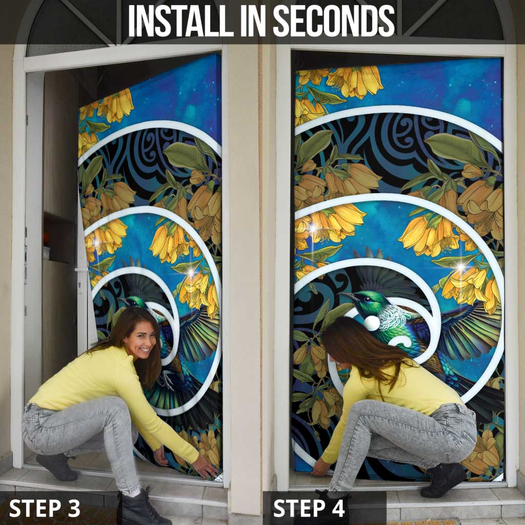 New Zealand Tui Bird Door Cover Maori Koru With Kowhai Flowers