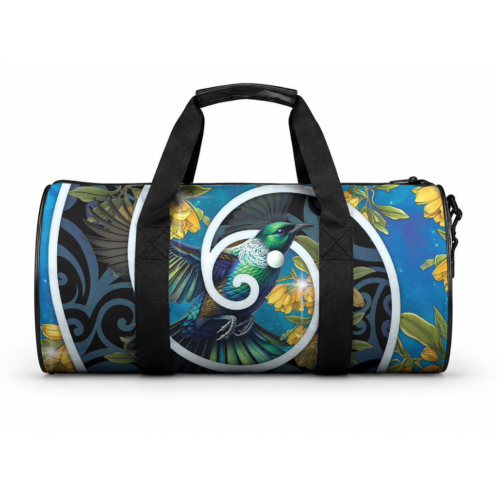 New Zealand Tui Bird Duffle Bag Maori Koru With Kowhai Flowers LT05 One size Black - Polynesian Pride