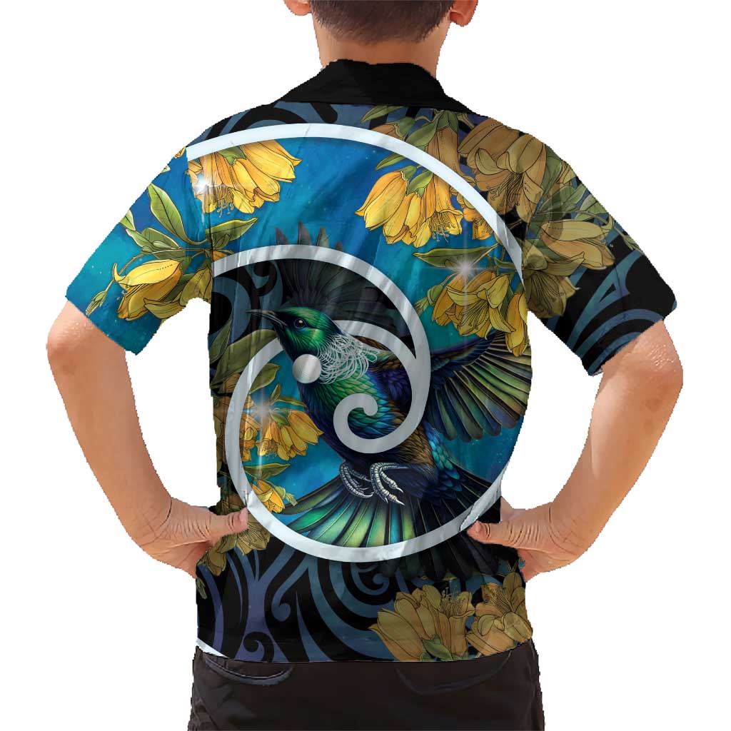 New Zealand Tui Bird Family Matching Long Sleeve Bodycon Dress and Hawaiian Shirt Maori Koru With Kowhai Flowers