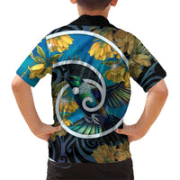 New Zealand Tui Bird Family Matching Long Sleeve Bodycon Dress and Hawaiian Shirt Maori Koru With Kowhai Flowers