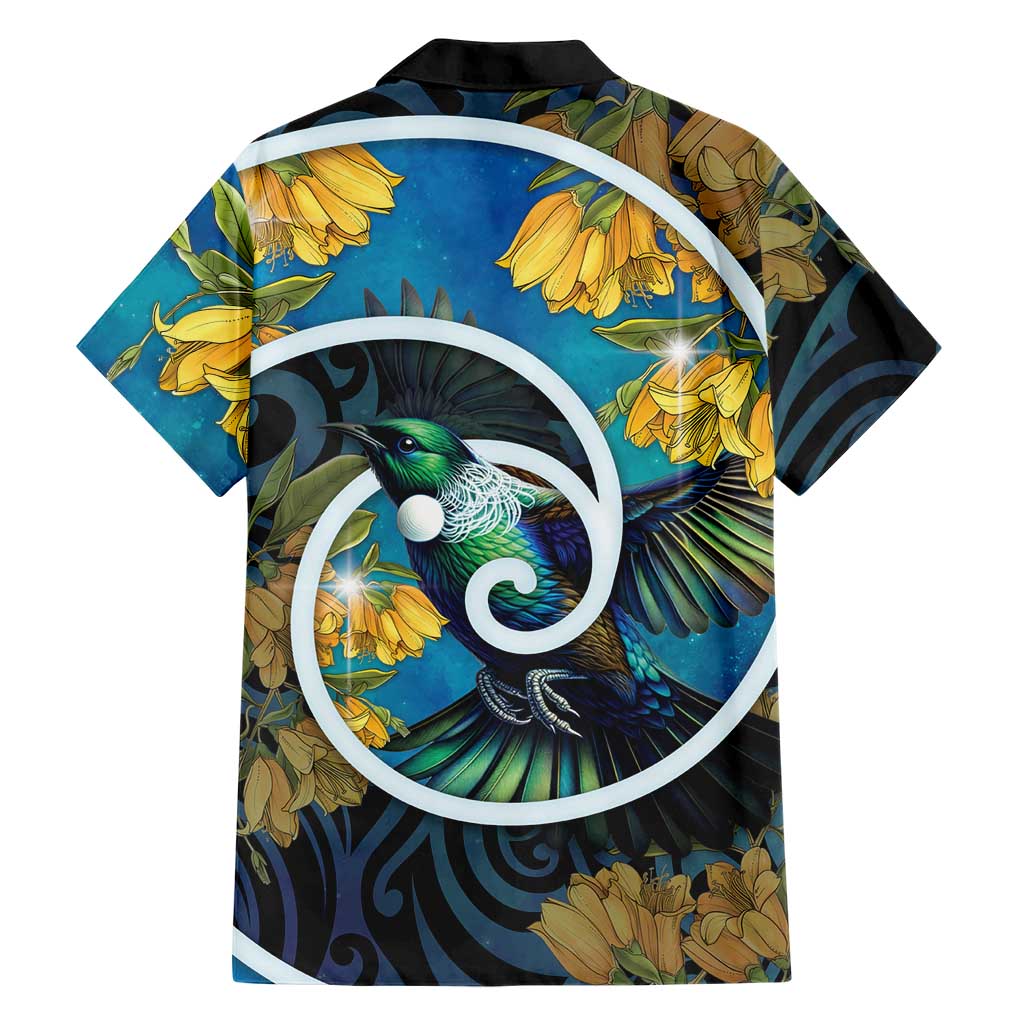 New Zealand Tui Bird Family Matching Long Sleeve Bodycon Dress and Hawaiian Shirt Maori Koru With Kowhai Flowers