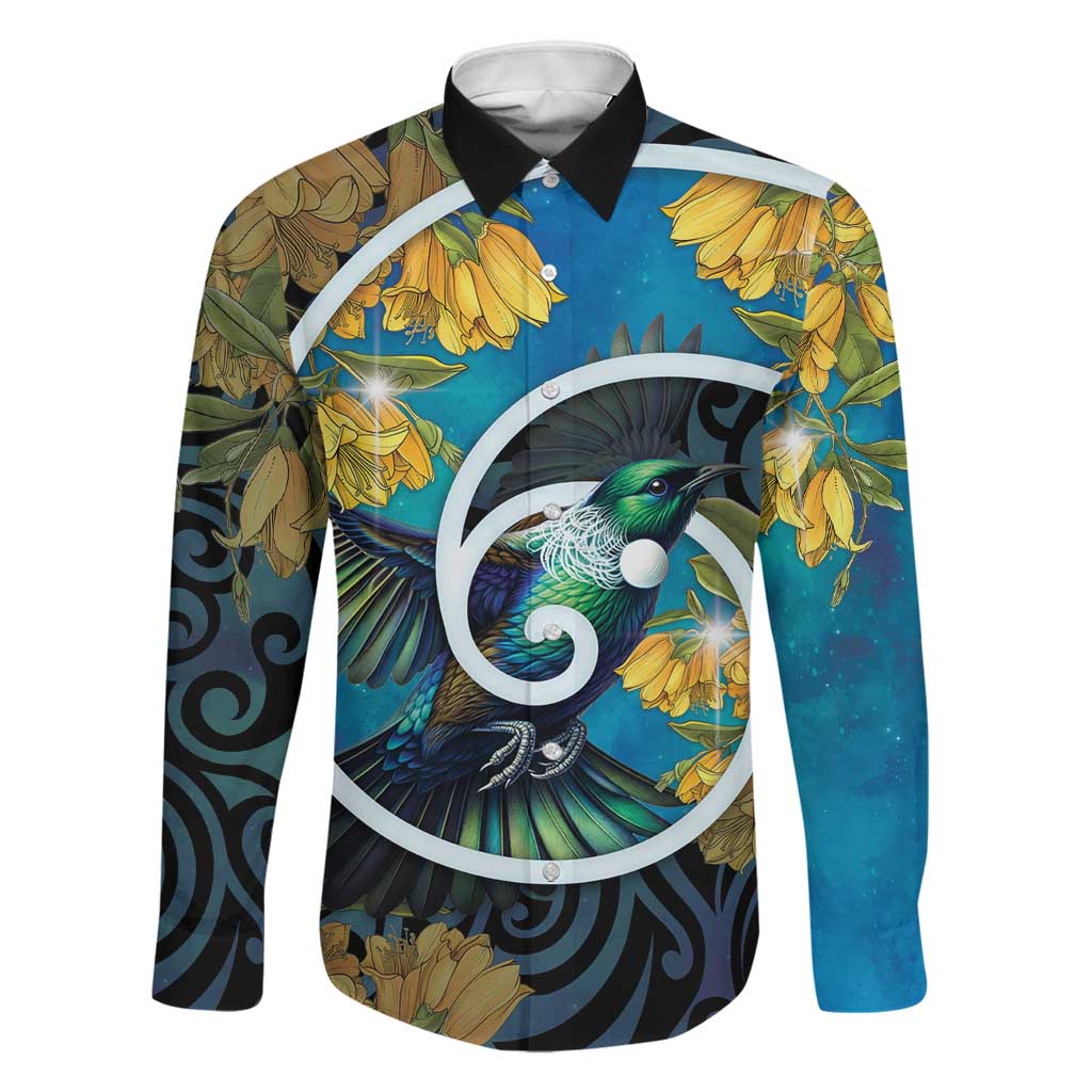 New Zealand Tui Bird Family Matching Long Sleeve Bodycon Dress and Hawaiian Shirt Maori Koru With Kowhai Flowers