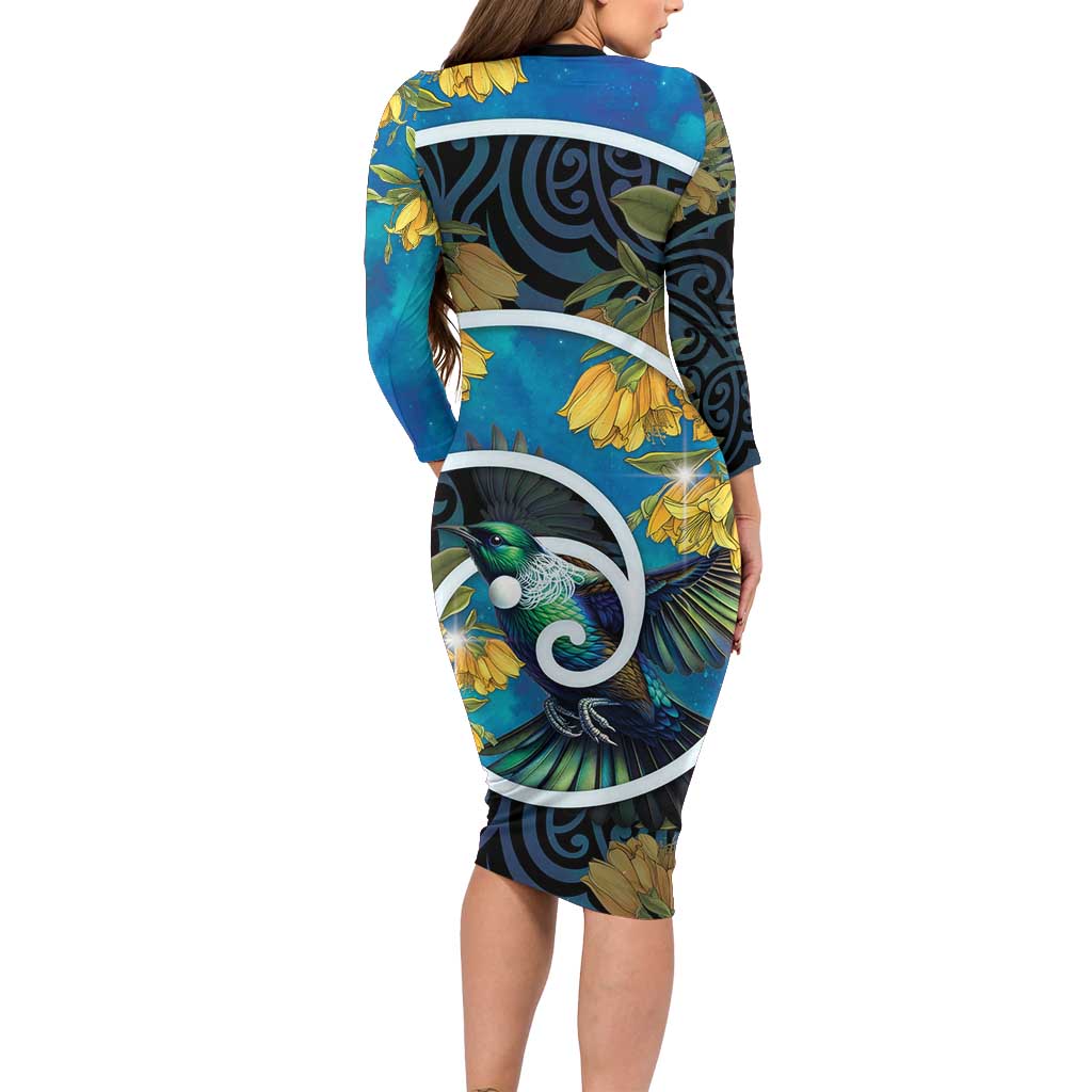 New Zealand Tui Bird Family Matching Long Sleeve Bodycon Dress and Hawaiian Shirt Maori Koru With Kowhai Flowers
