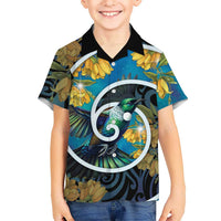 New Zealand Tui Bird Family Matching Long Sleeve Bodycon Dress and Hawaiian Shirt Maori Koru With Kowhai Flowers