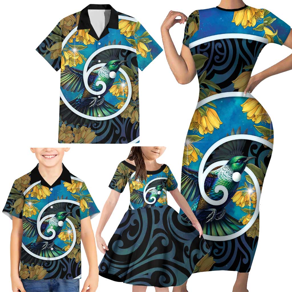 New Zealand Tui Bird Family Matching Short Sleeve Bodycon Dress and Hawaiian Shirt Maori Koru With Kowhai Flowers LT05 - Polynesian Pride