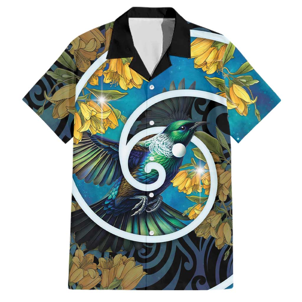 New Zealand Tui Bird Family Matching Summer Maxi Dress and Hawaiian Shirt Maori Koru With Kowhai Flowers
