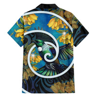 New Zealand Tui Bird Family Matching Summer Maxi Dress and Hawaiian Shirt Maori Koru With Kowhai Flowers