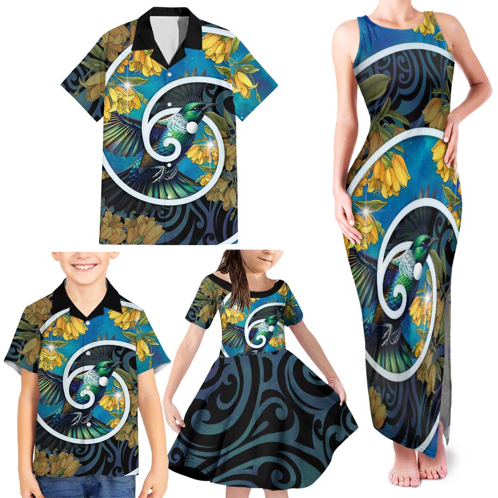 New Zealand Tui Bird Family Matching Tank Maxi Dress and Hawaiian Shirt Maori Koru With Kowhai Flowers LT05 - Polynesian Pride