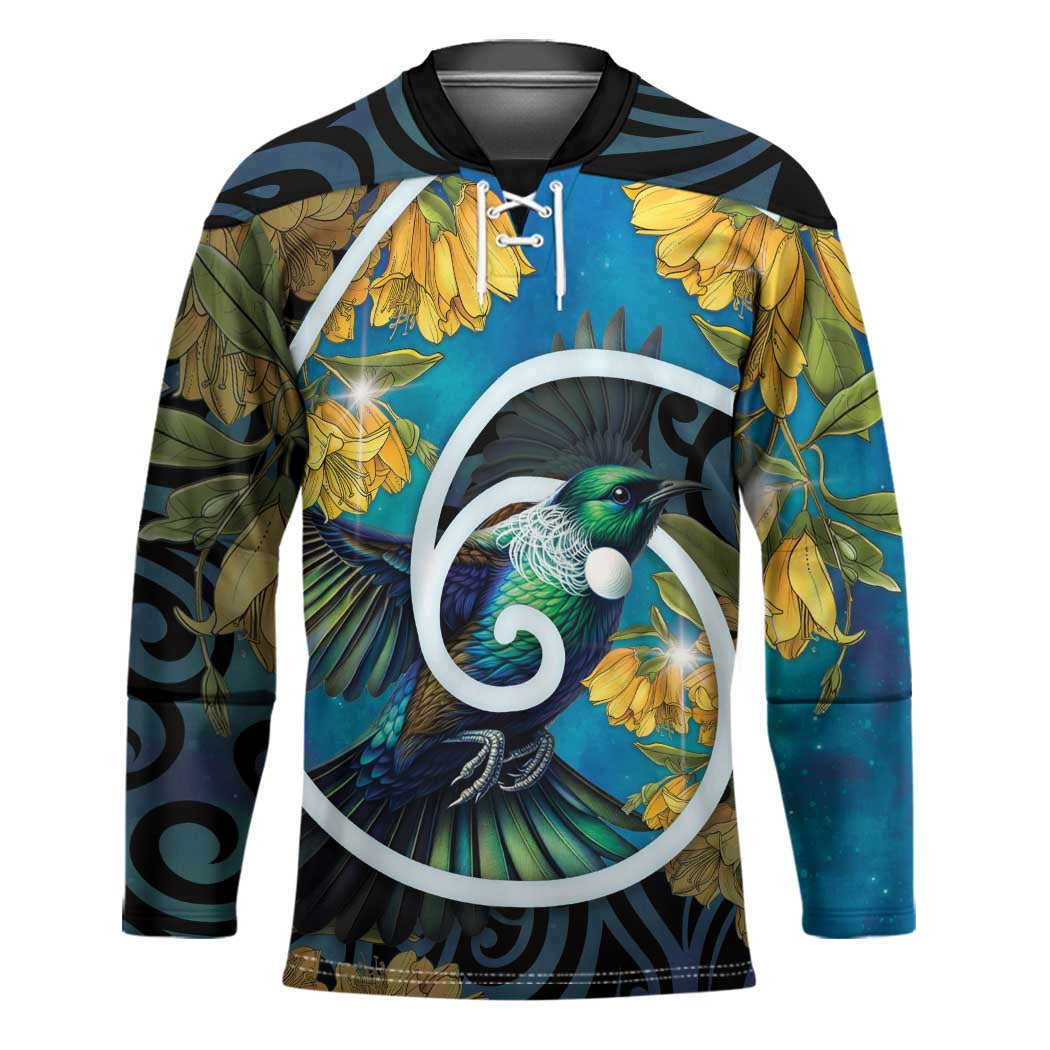 New Zealand Tui Bird Hockey Jersey Maori Koru With Kowhai Flowers LT05 Unisex Black - Polynesian Pride