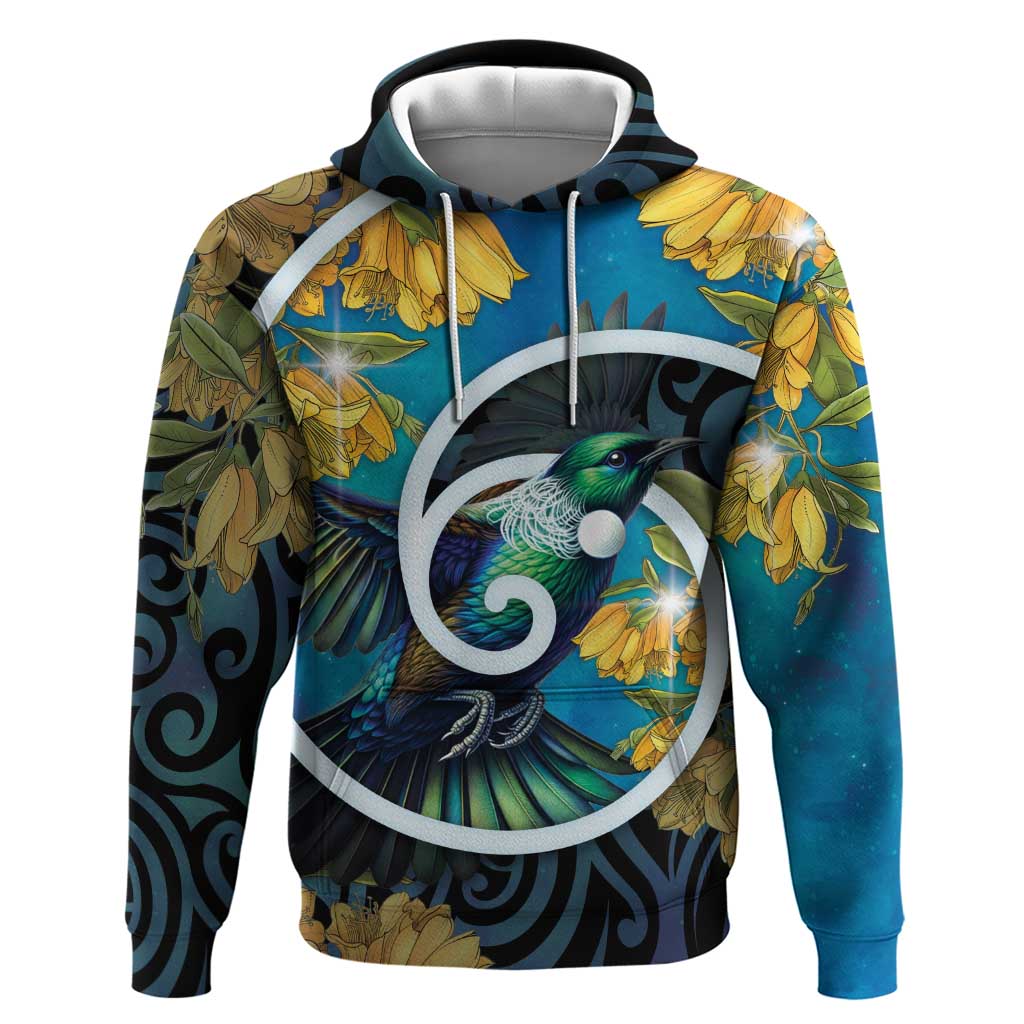 New Zealand Tui Bird Hoodie Maori Koru With Kowhai Flowers LT05 Pullover Hoodie Black - Polynesian Pride