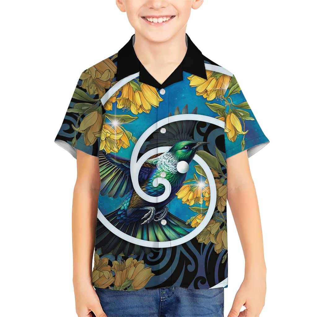 New Zealand Tui Bird Kid Hawaiian Shirt Maori Koru With Kowhai Flowers LT05 Kid Black - Polynesian Pride