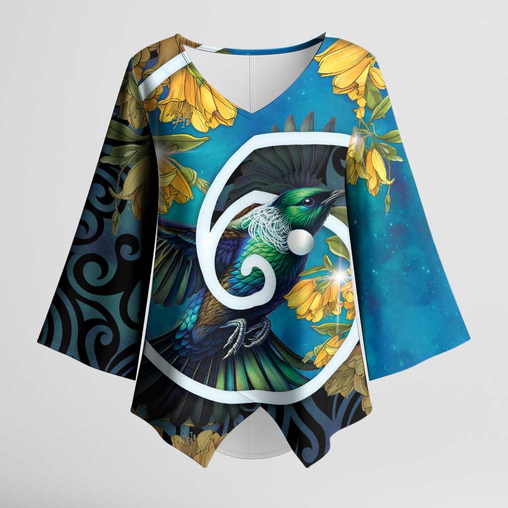 New Zealand Tui Bird Kimono Sleeve Blouse Maori Koru With Kowhai Flowers LT05 Female Black - Polynesian Pride
