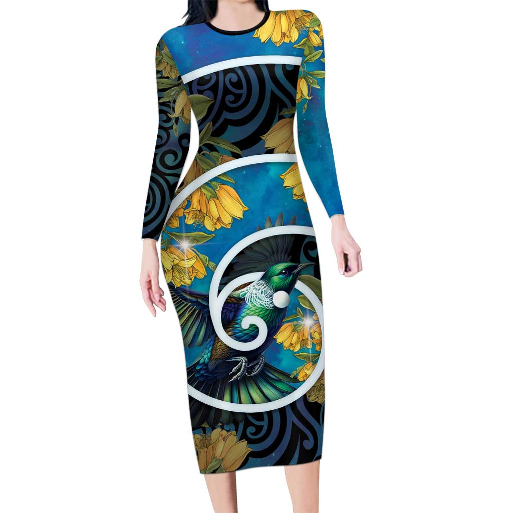 New Zealand Tui Bird Long Sleeve Bodycon Dress Maori Koru With Kowhai Flowers LT05 Long Dress Black - Polynesian Pride