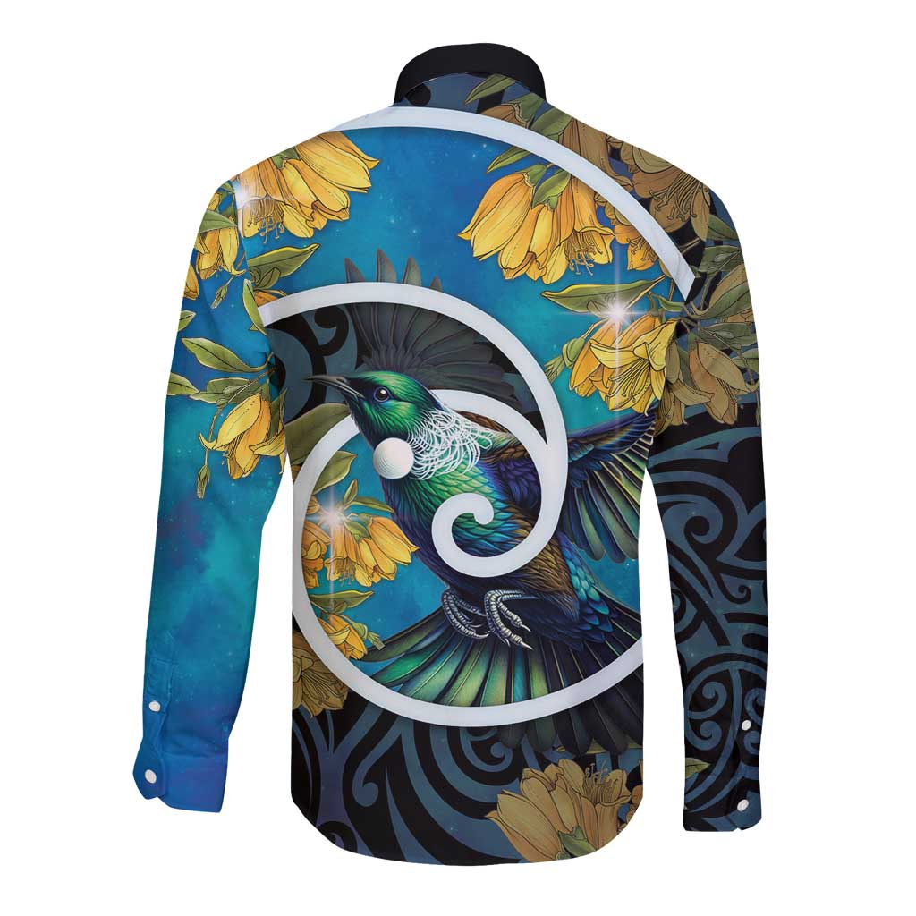 New Zealand Tui Bird Long Sleeve Button Shirt Maori Koru With Kowhai Flowers LT05 - Polynesian Pride