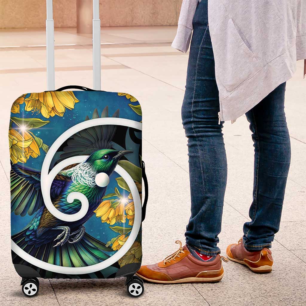 New Zealand Tui Bird Luggage Cover Maori Koru With Kowhai Flowers LT05 Black - Polynesian Pride