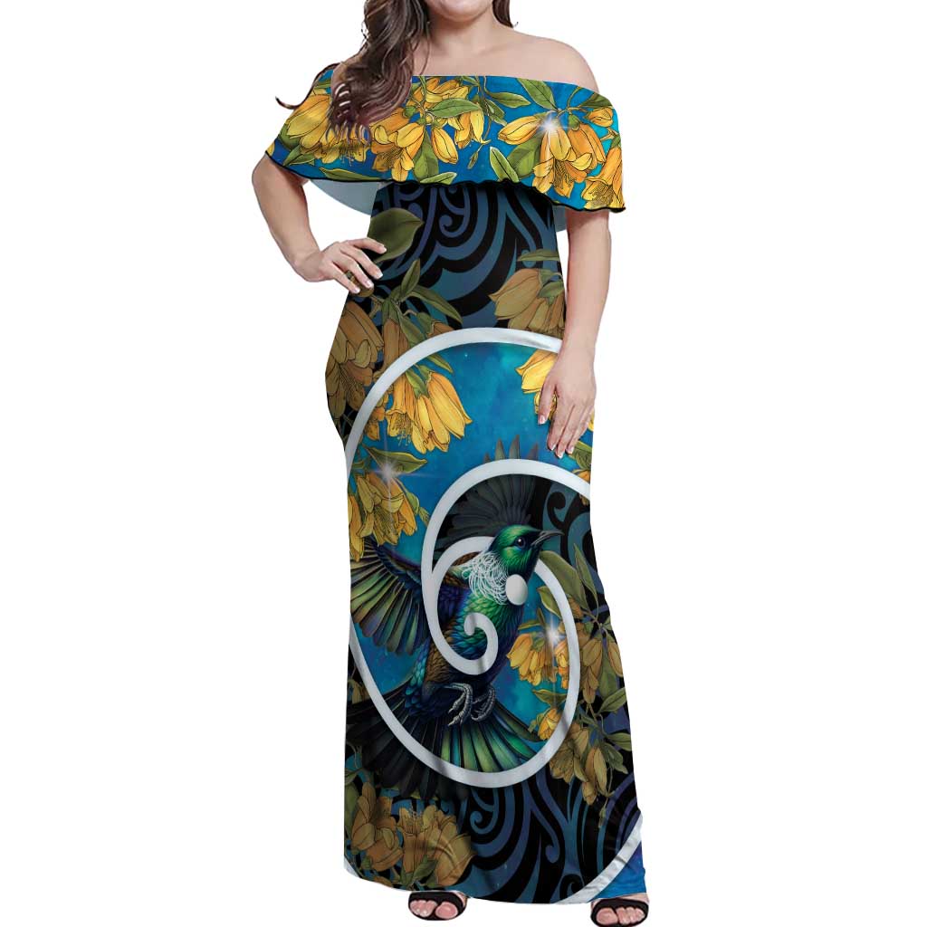 New Zealand Tui Bird Off Shoulder Maxi Dress Maori Koru With Kowhai Flowers LT05 Women Black - Polynesian Pride