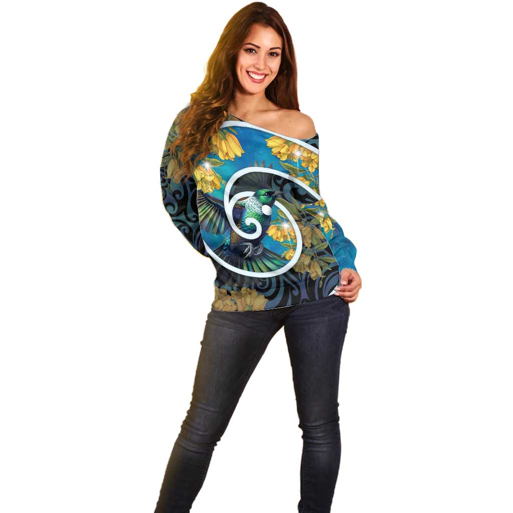 New Zealand Tui Bird Off Shoulder Sweater Maori Koru With Kowhai Flowers LT05 - Polynesian Pride