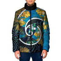 New Zealand Tui Bird Padded Jacket Maori Koru With Kowhai Flowers LT05 Men Black - Polynesian Pride