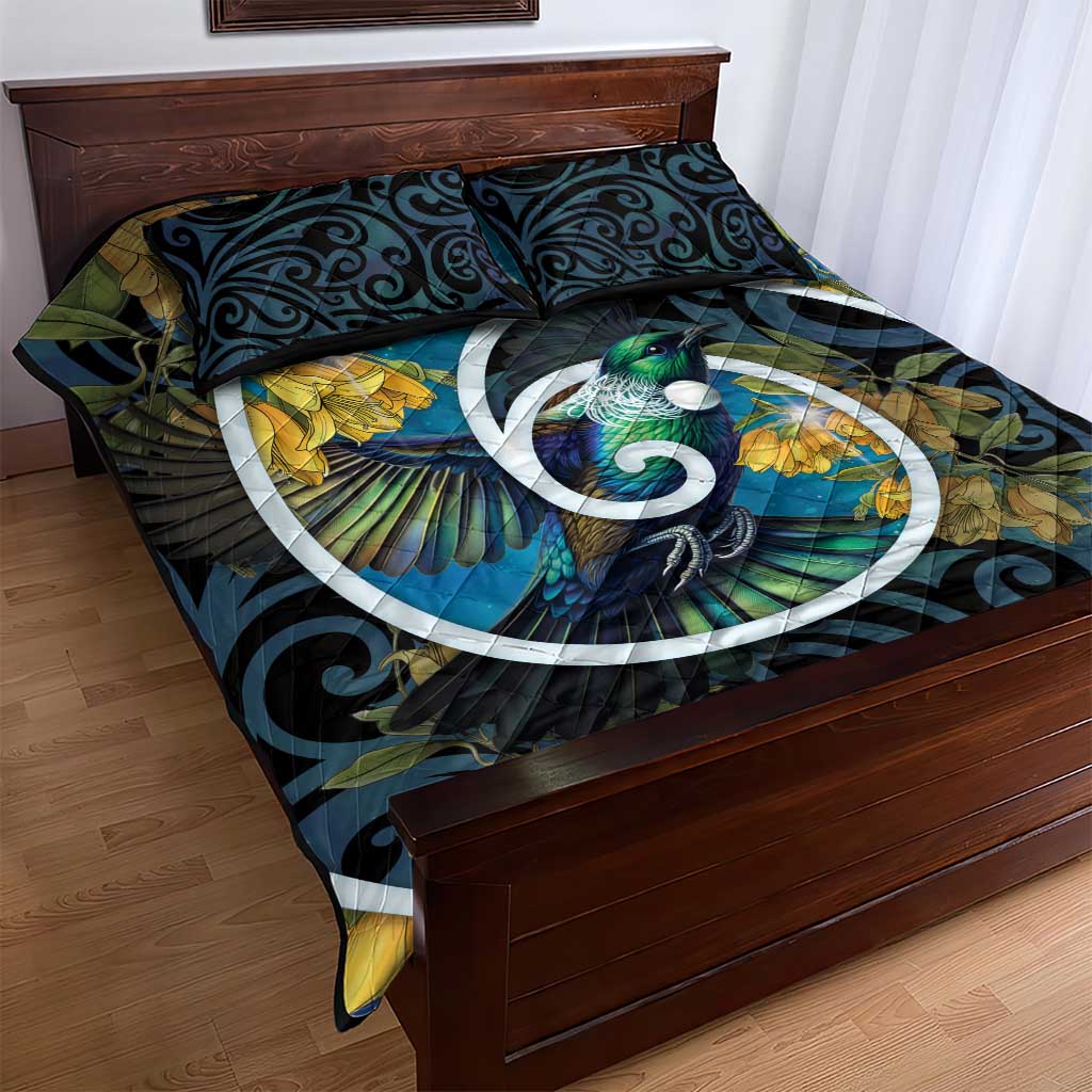New Zealand Tui Bird Quilt Bed Set Maori Koru With Kowhai Flowers LT05 - Polynesian Pride