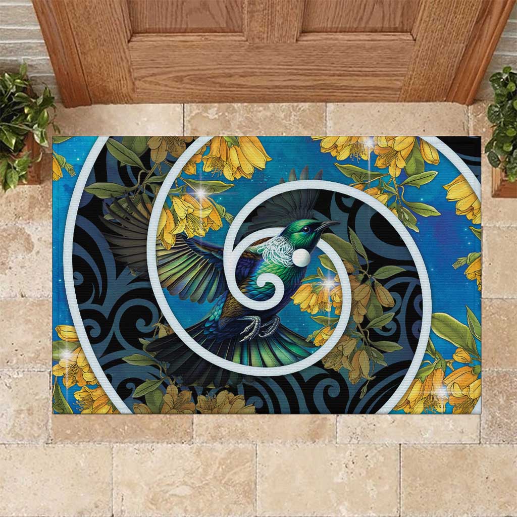 New Zealand Tui Bird Rubber Doormat Maori Koru With Kowhai Flowers