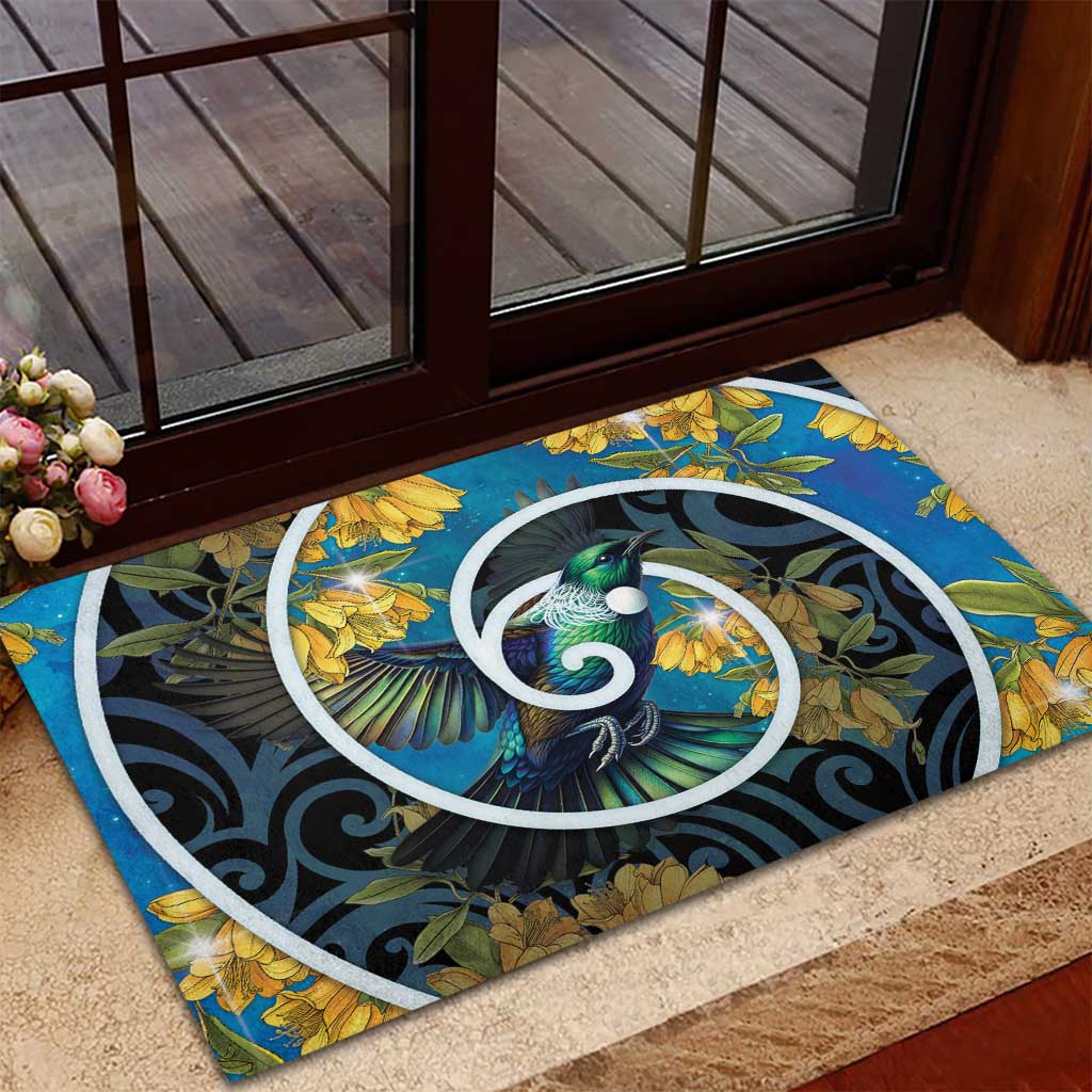 New Zealand Tui Bird Rubber Doormat Maori Koru With Kowhai Flowers