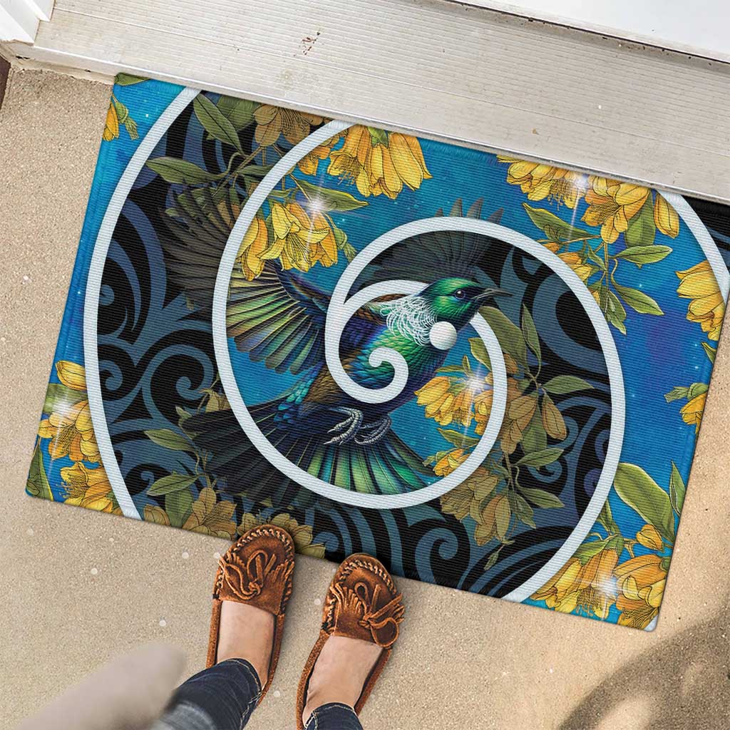 New Zealand Tui Bird Rubber Doormat Maori Koru With Kowhai Flowers