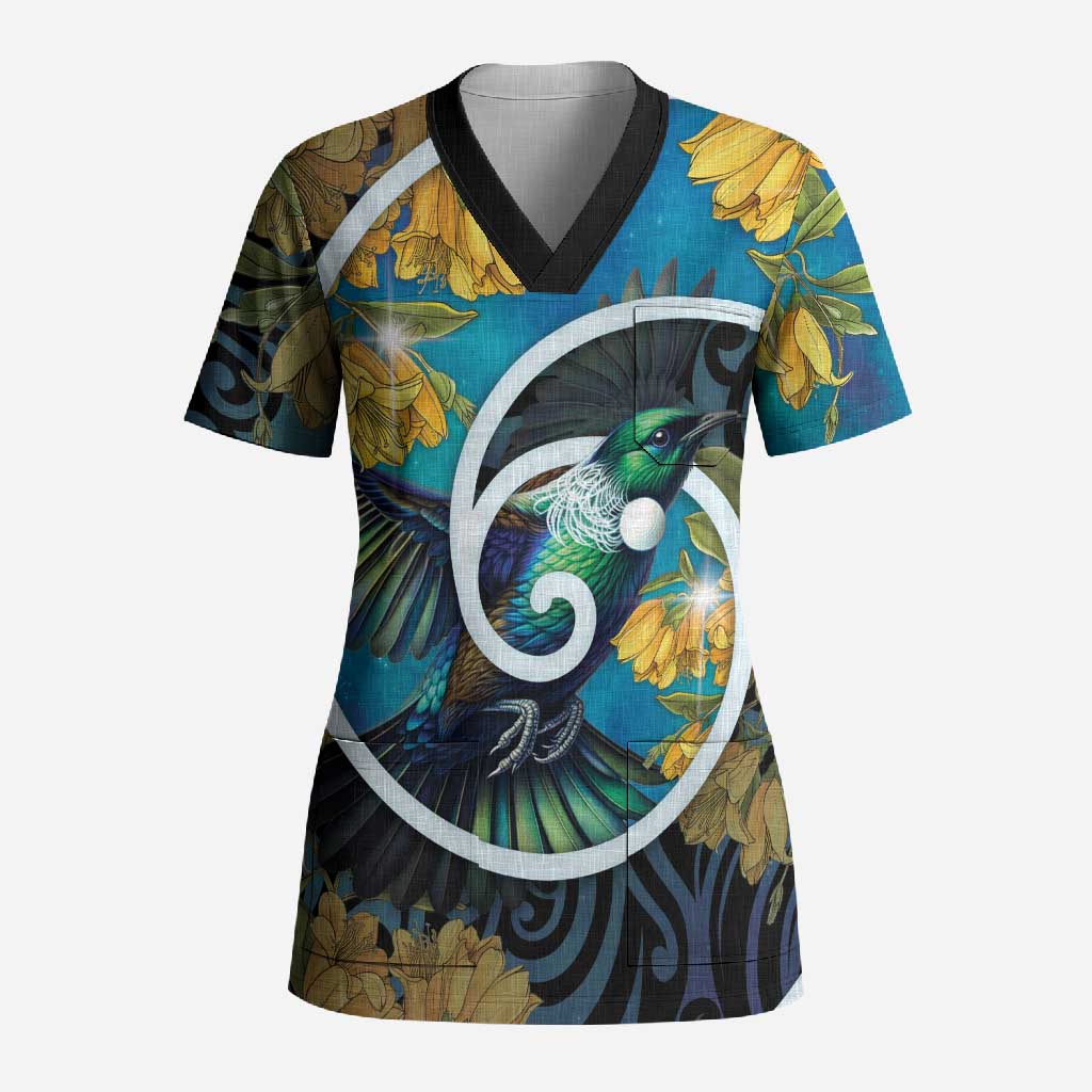 New Zealand Tui Bird Scrub Top Maori Koru With Kowhai Flowers LT05 Adult Black - Polynesian Pride