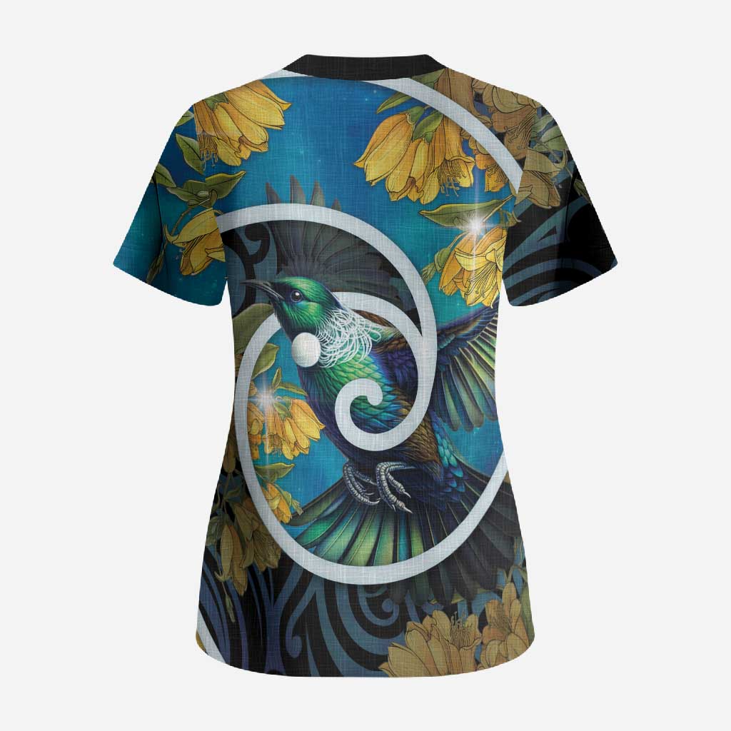 New Zealand Tui Bird Scrub Top Maori Koru With Kowhai Flowers LT05 - Polynesian Pride