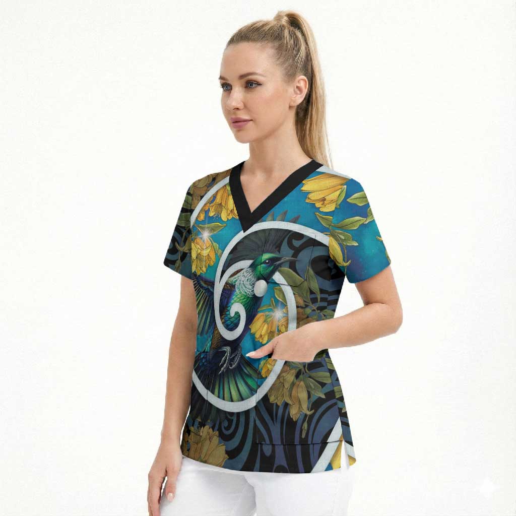 New Zealand Tui Bird Scrub Top Maori Koru With Kowhai Flowers LT05 - Polynesian Pride