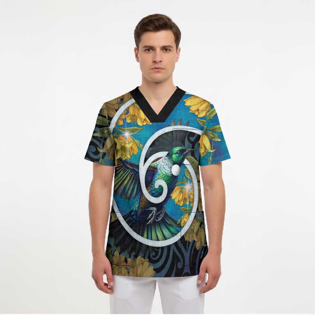 New Zealand Tui Bird Scrub Top Maori Koru With Kowhai Flowers LT05 - Polynesian Pride