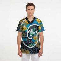 New Zealand Tui Bird Scrub Top Maori Koru With Kowhai Flowers LT05 - Polynesian Pride