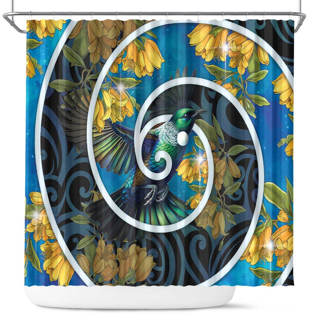 New Zealand Tui Bird Shower Curtain Maori Koru With Kowhai Flowers LT05 Black - Polynesian Pride