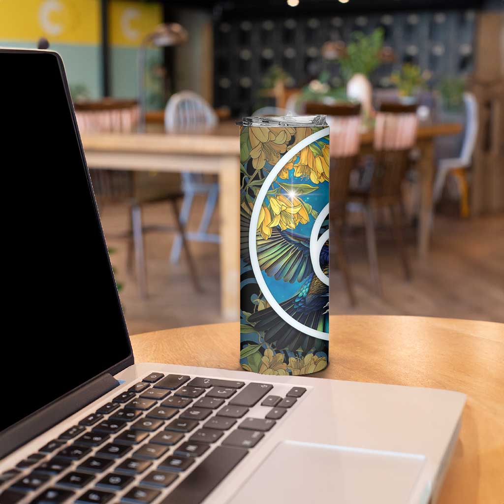 New Zealand Tui Bird Skinny Tumbler Maori Koru With Kowhai Flowers